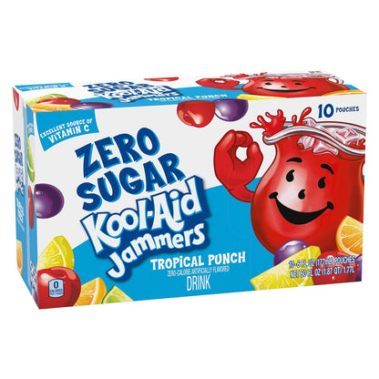 Kool-Aid Jammers Zero Sugar Tropical Punch Drink Pouches, 6 fl oz Box of 10, Lunch Box Hydration for Kids