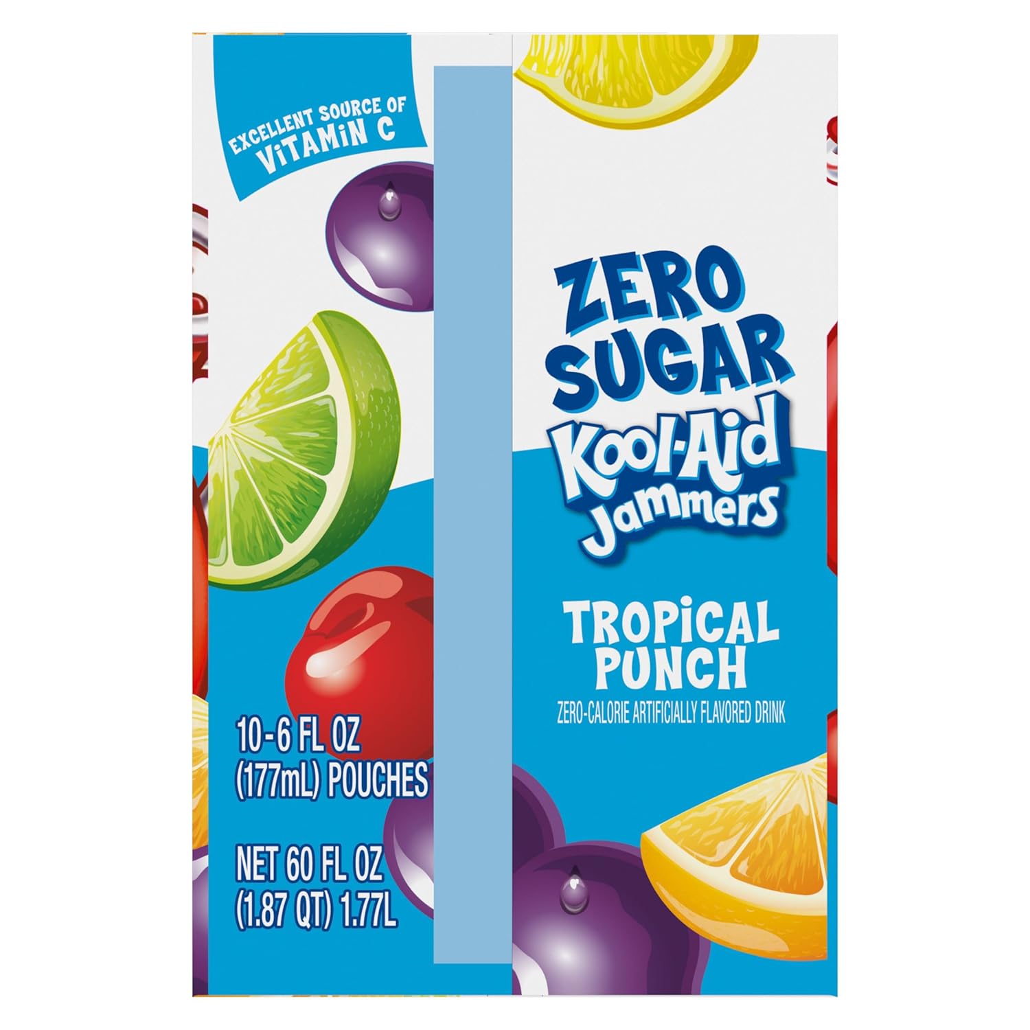 Kool-Aid Jammers Zero Sugar Tropical Punch Drink Pouches, 6 fl oz Box of 10, Lunch Box Hydration for Kids