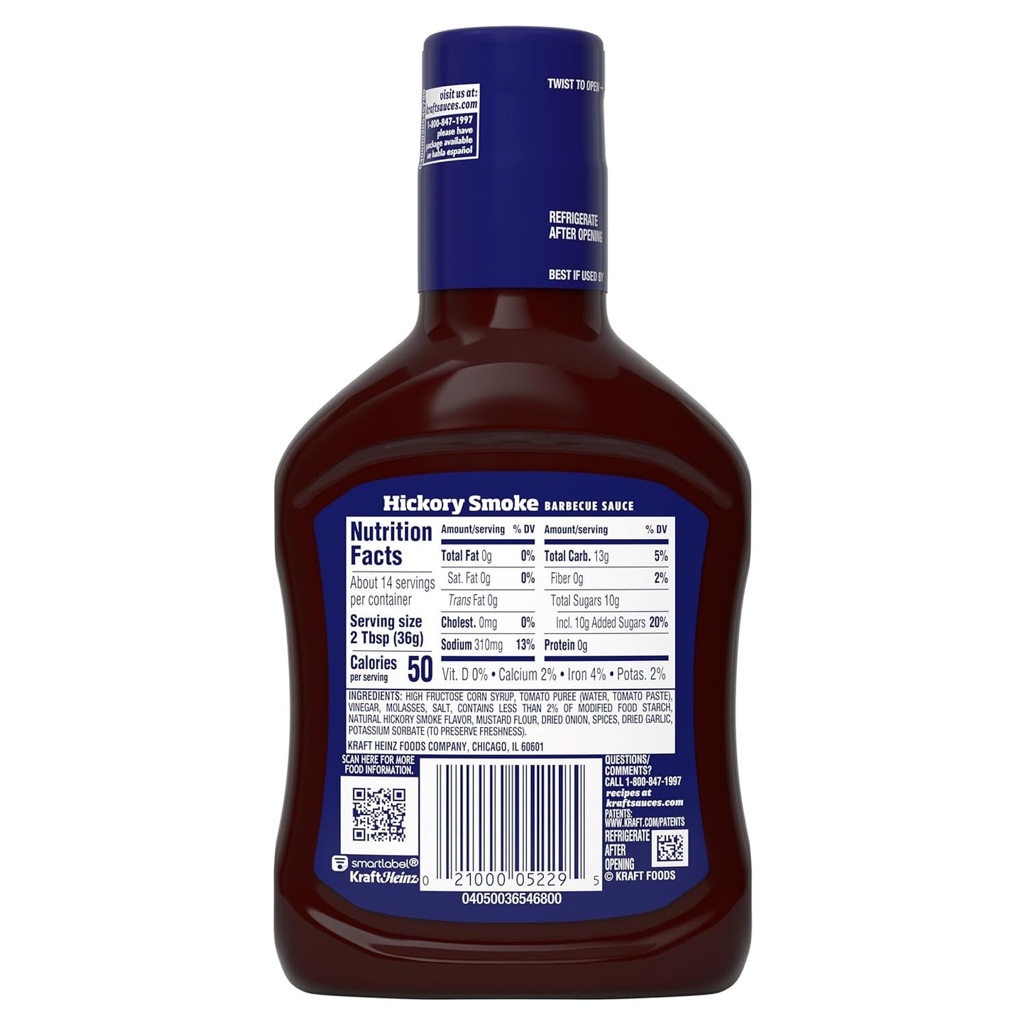 Kraft Hickory Smoke Slow-Simmered Barbecue Sauce, 17.5 oz Bottle – Picnic Table Favorite for Open-Air BBQ and Backyard Dinners