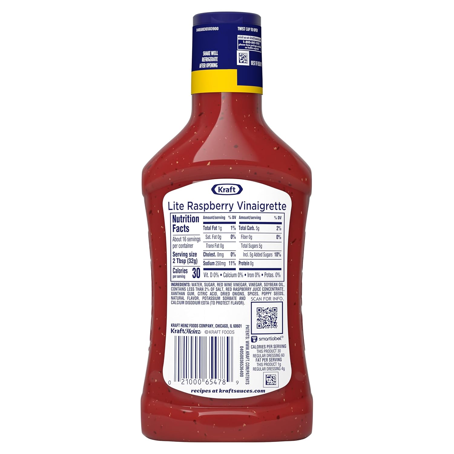 Kraft Lite Raspberry Vinaigrette – Diet-Friendly Multi-Use Dressing, Marinade, and Veggie Dip for Home Kitchens, 16 fl oz