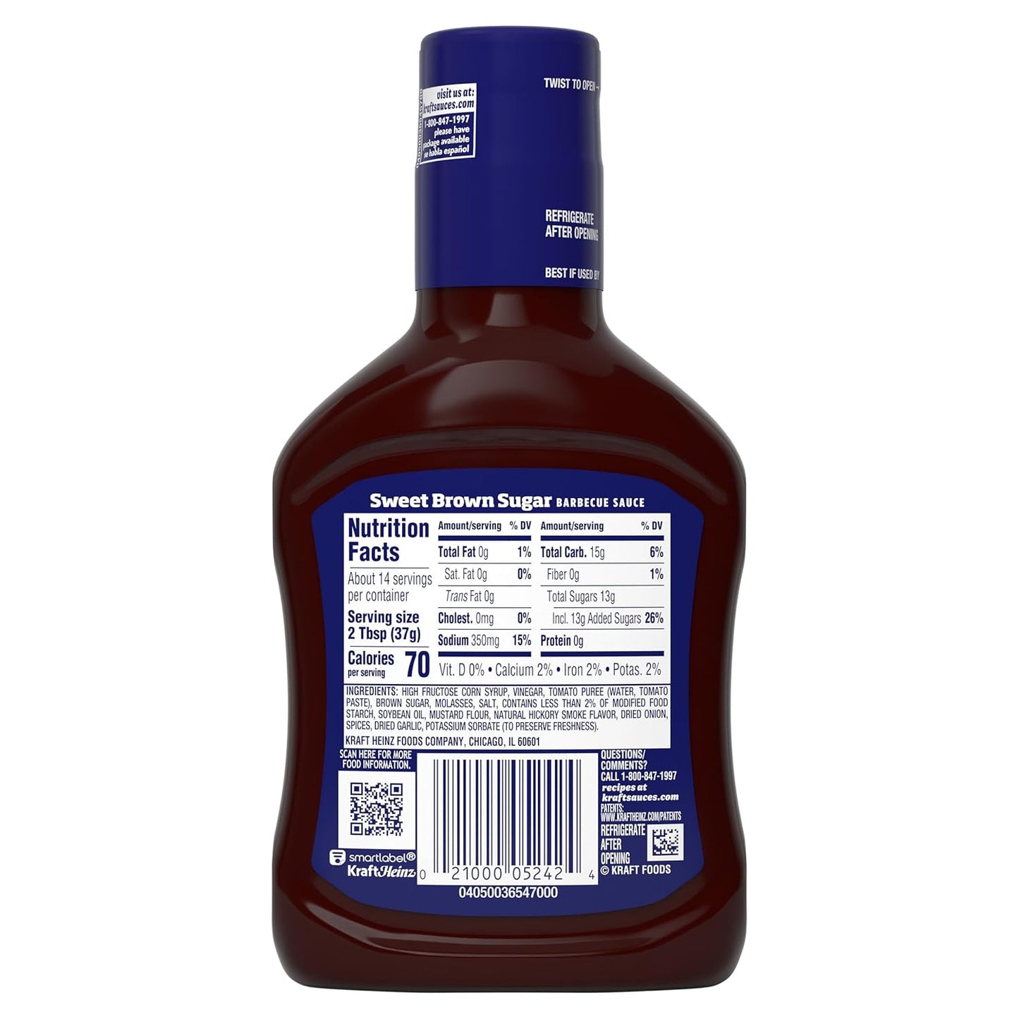 Kraft Sweet Brown Sugar Slow-Simmered Barbecue Sauce, 18 oz Squeeze Bottle for Outdoor Cookouts and Cookouts on the Go