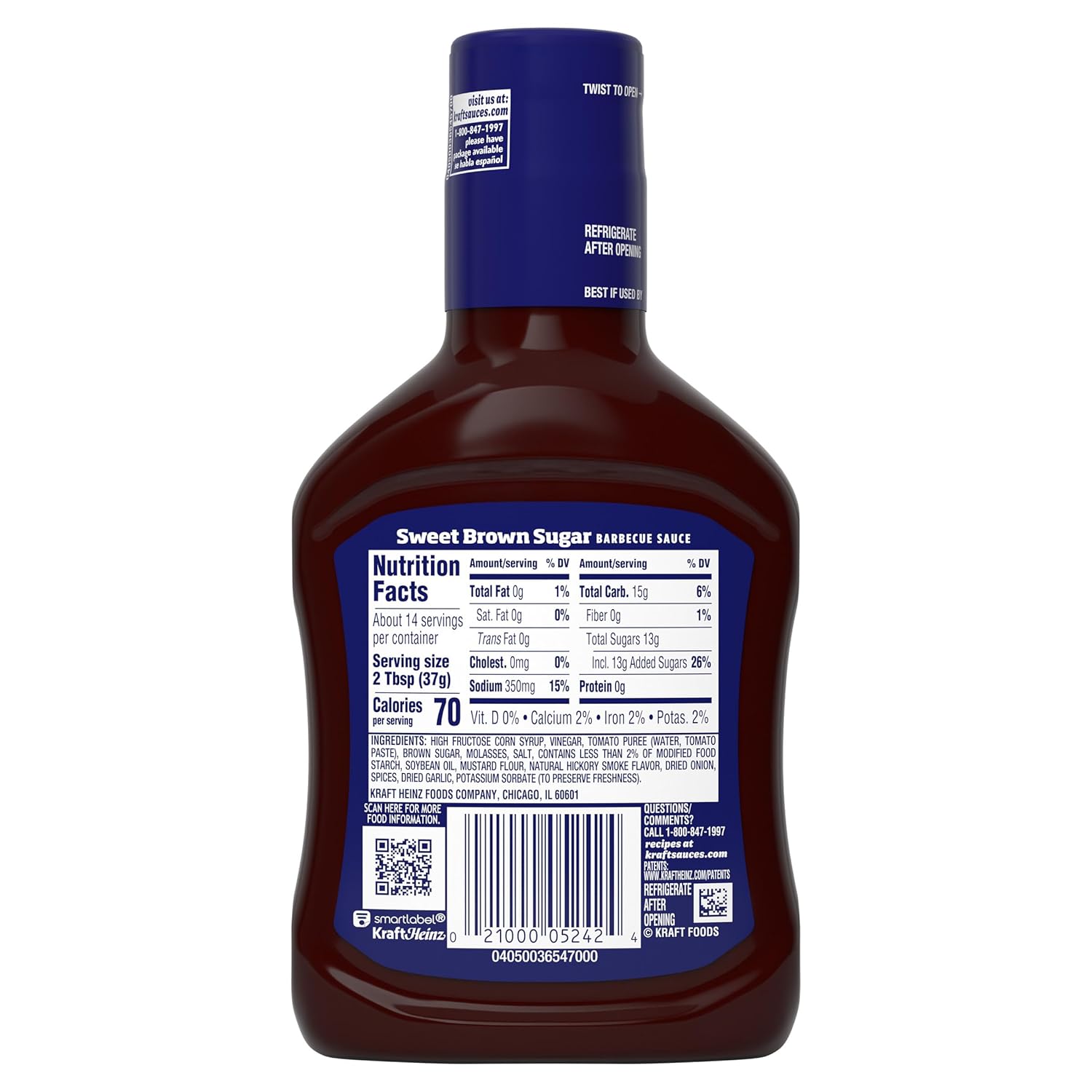 Kraft Sweet Brown Sugar Slow-Simmered Barbecue Sauce, 18 oz Squeeze Bottle for Outdoor Cookouts and Cookouts on the Go
