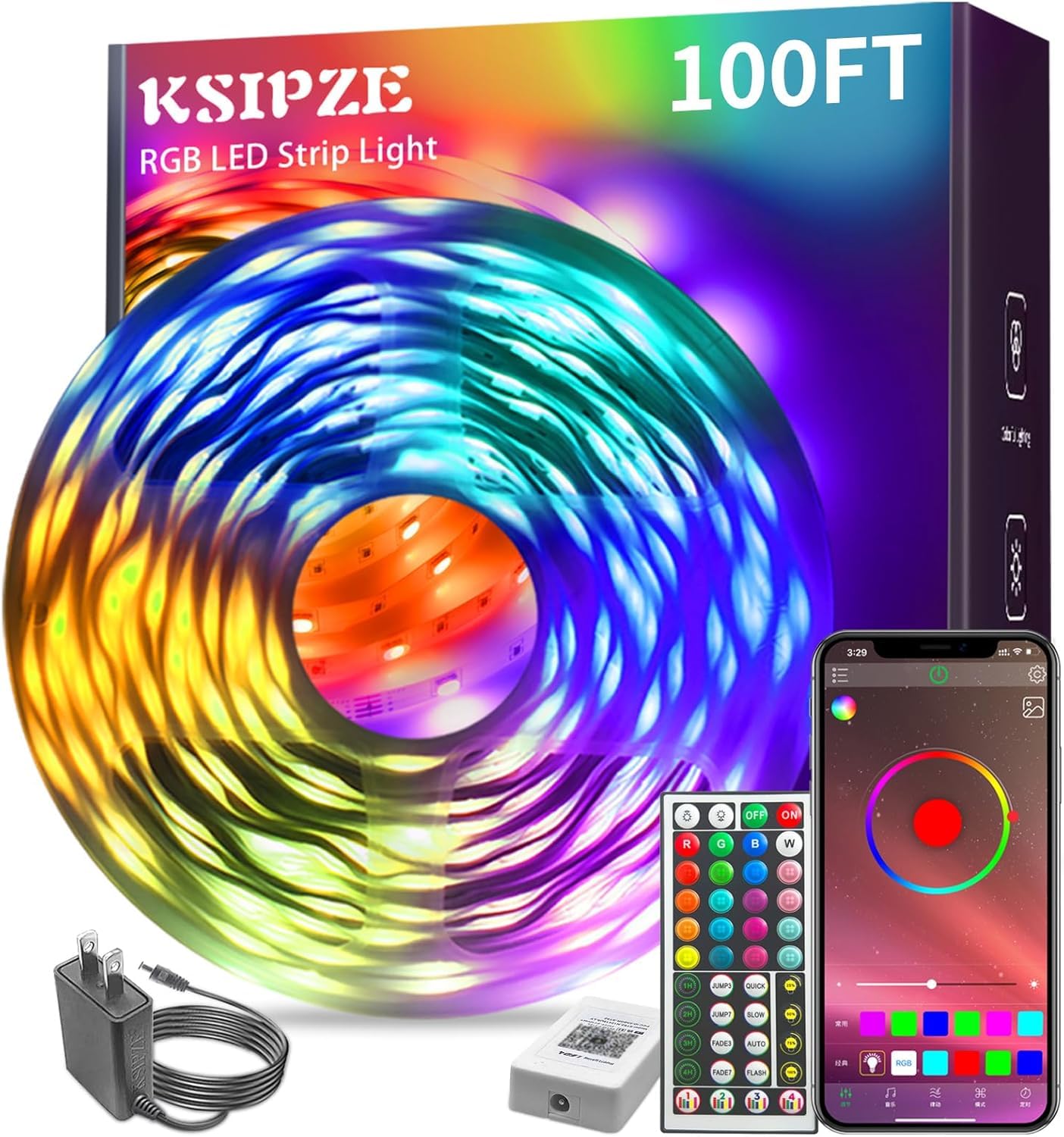 KSIPZE 100ft RGB LED Strip Lights for Living Room Accent Lighting, App Controlled Color Changing Lights for Ceiling and Under Cabinet