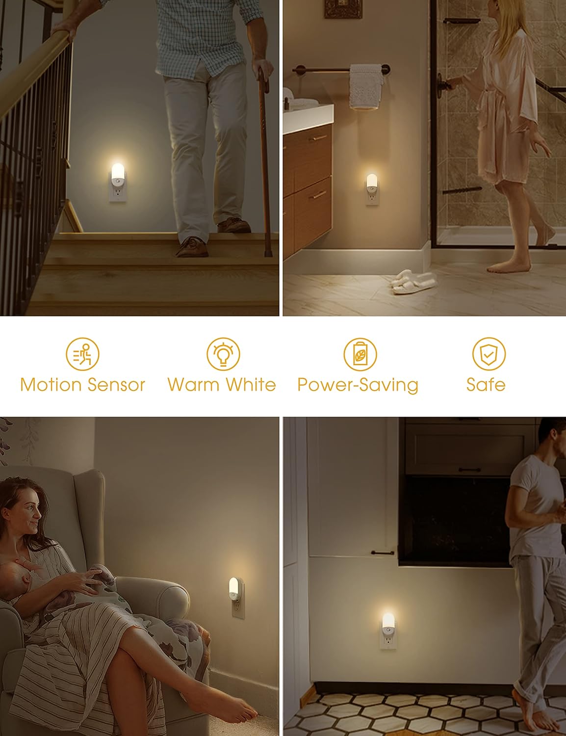 L LOHAS Motion Night Light – Simple On/Off/Auto Switch, Neutral 3000K Glow for Less-Is-More Interiors, 4-Pack