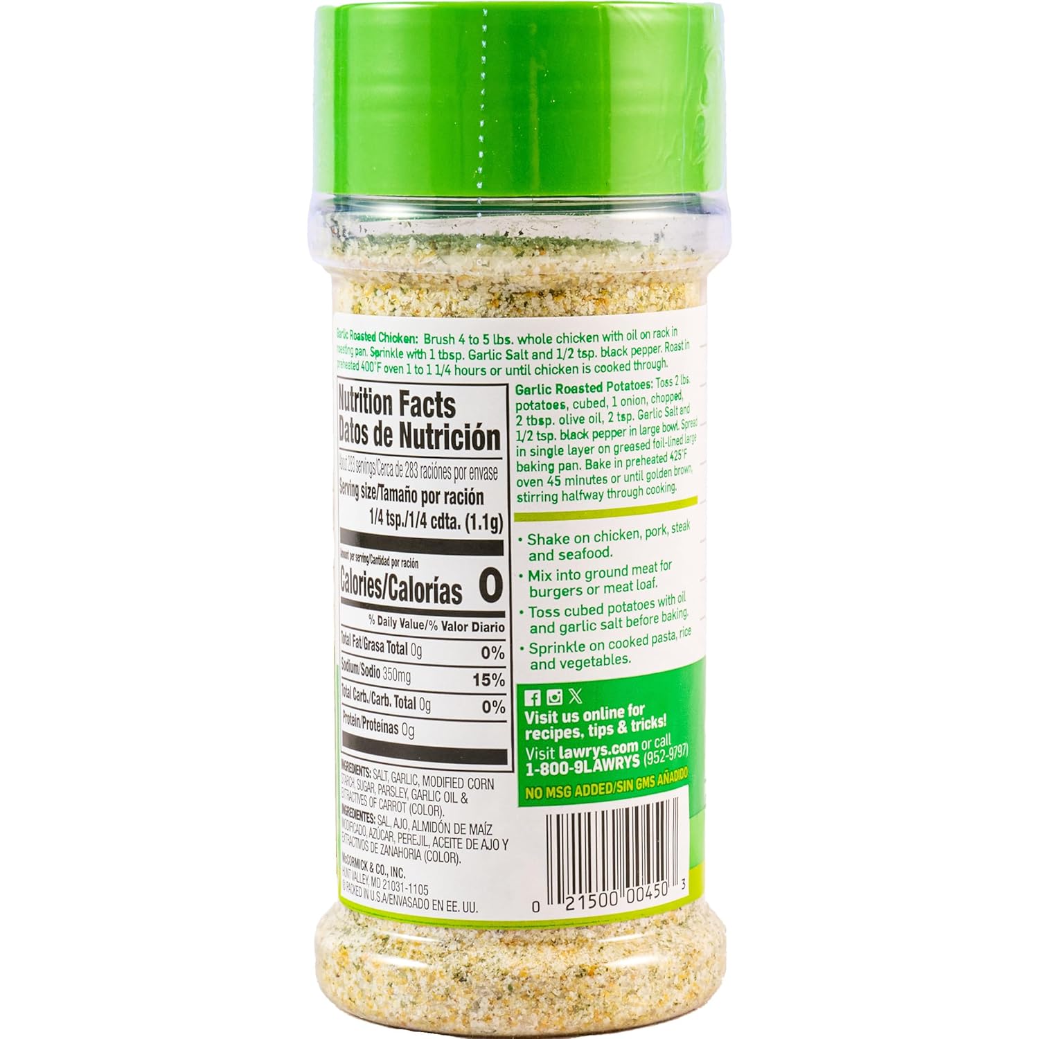 Lawry's Garlic Salt – Easy Table-Side Seasoning for Kid Snacks Like Eggs and Fries, 11 oz Shaker