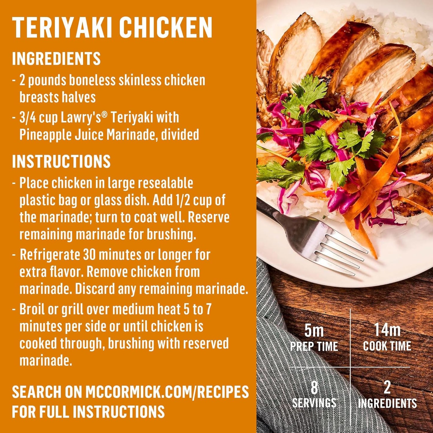 Lawry's Teriyaki With Pineapple Juice Marinade – Camp Cookout Sauce for Kabobs, Burgers, and Grilled Fish, 12 fl oz
