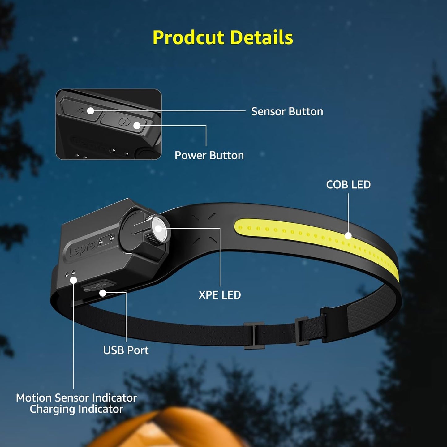 Lepro USB-C Rechargeable Headlight for Outdoor Adventures – 230° Flood Beam, IPX Waterproof, 3.87 oz
