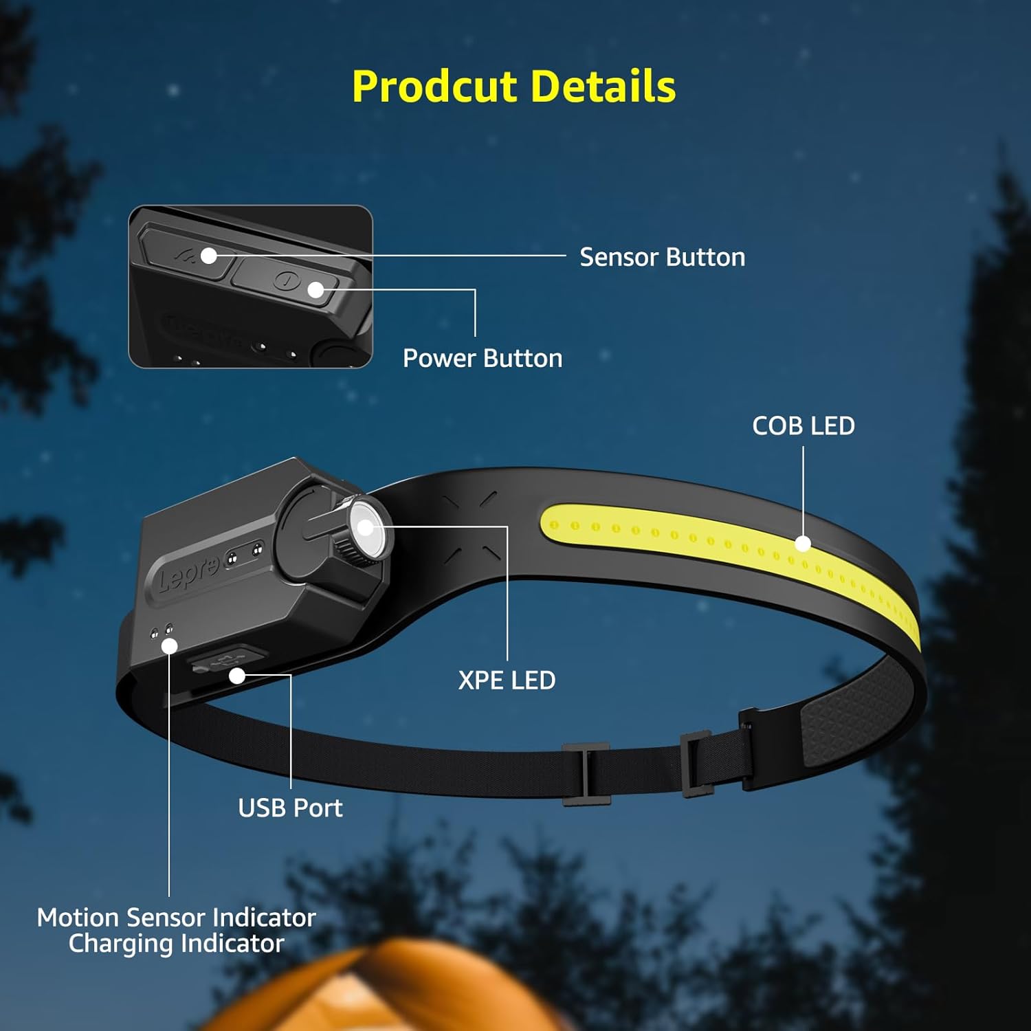 Lepro USB-C Rechargeable Headlight for Outdoor Adventures – 230° Flood Beam, IPX Waterproof, 3.87 oz