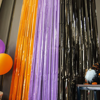 LOLStar Foil Fringe Curtain Trio – Modern Home Party Wall Decor, 9.9 x 6.6 ft Total Coverage Orange Purple Black for Indoor Gathering Spaces