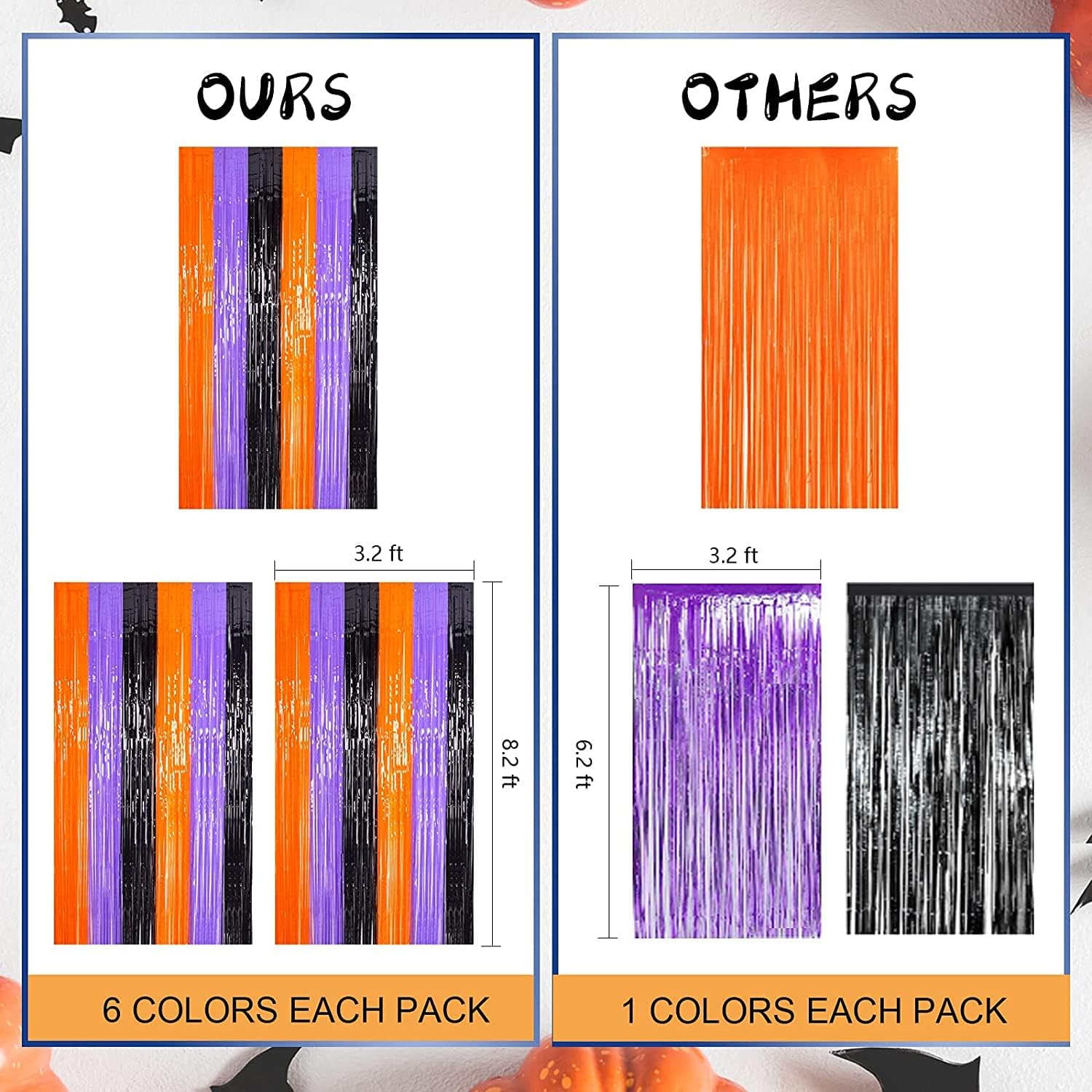LOLStar Foil Fringe Curtain Trio – Modern Home Party Wall Decor, 9.9 x 6.6 ft Total Coverage Orange Purple Black for Indoor Gathering Spaces