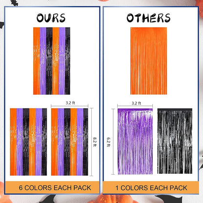 LOLStar Foil Fringe Curtain Trio – Modern Home Party Wall Decor, 9.9 x 6.6 ft Total Coverage Orange Purple Black for Indoor Gathering Spaces