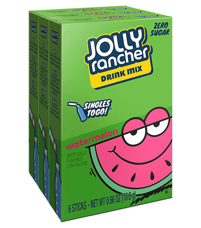 Lot of 3- (6-ct.) Boxes JOLLY RANCHER Watermelon Singles to Go! Sugar Free Drink Mix.