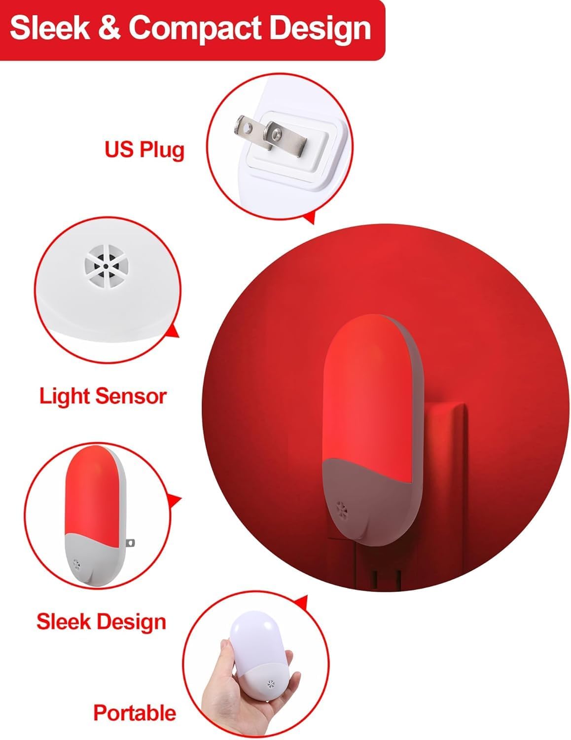 LumiRed Red LED Night Light for Kids Room Safe Sleep, Auto Sensor 2-Pack for Nursery and Hallway