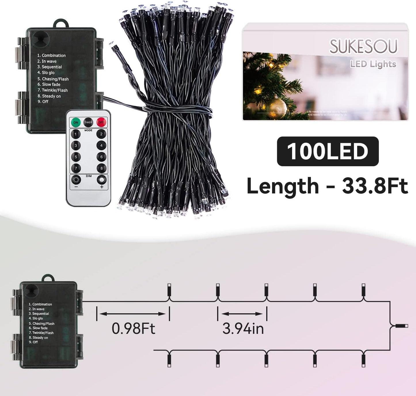LUMIRESCO Battery Operated Fairy Lights 33Ft 100 LED – Child Friendly Bedroom and Dorm Decor, No Flame No Heat with Dimmable Timer