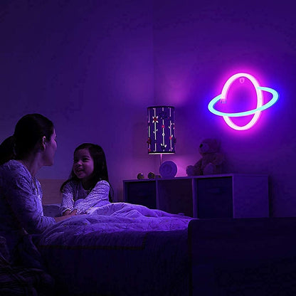 Lumoonosity Planet Neon Wall Light - Holiday Gift for Kids and Teens, Saturn Shaped LED Sign for Bedroom Gaming Setup, USB Powered with Adhesive Mount