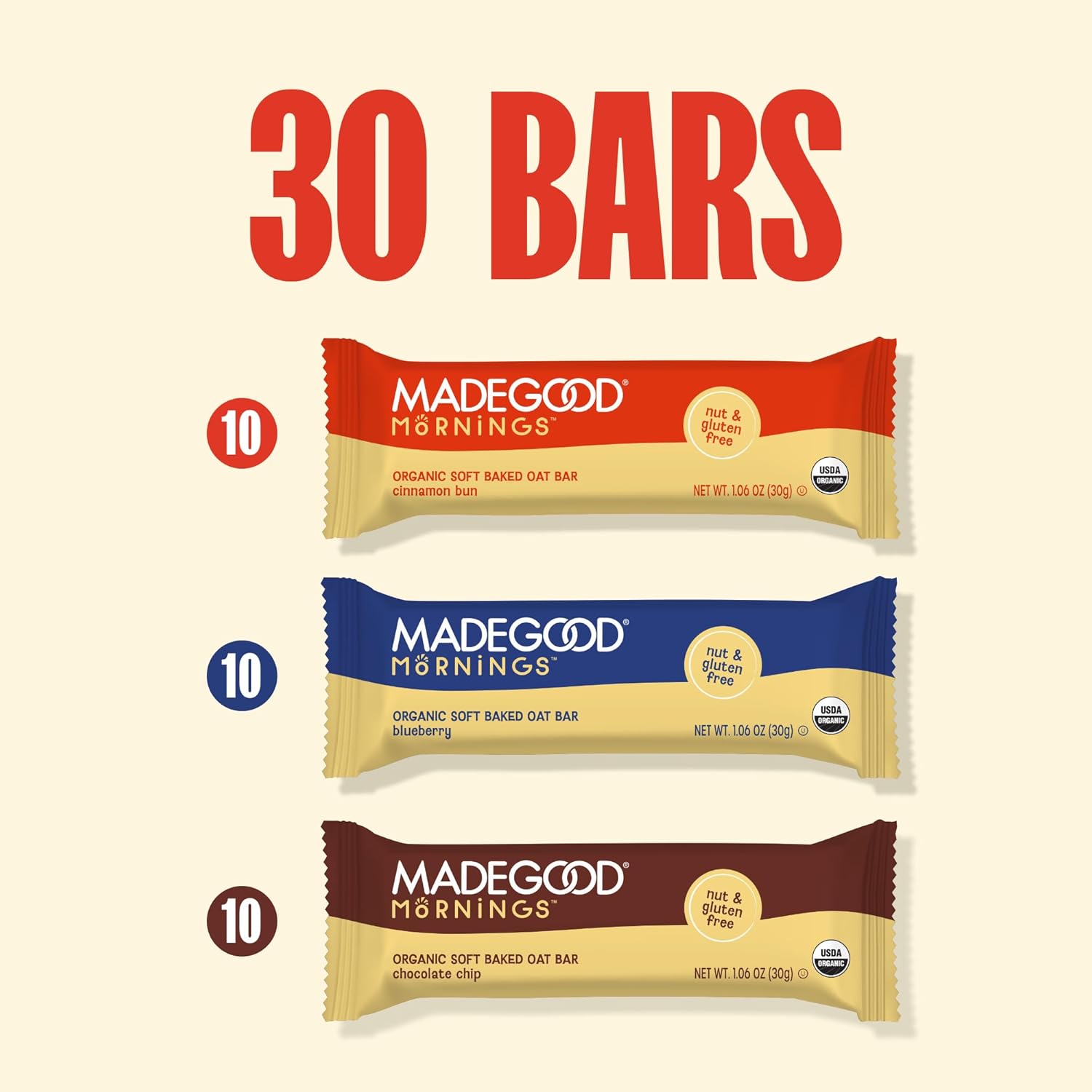MadeGood Mornings Soft-Baked Oat Bars – Safe Allergy-Friendly After-School Snack for Kids, 30 Individually Wrapped Bars