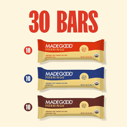 MadeGood Mornings Soft-Baked Oat Bars – Safe Allergy-Friendly After-School Snack for Kids, 30 Individually Wrapped Bars