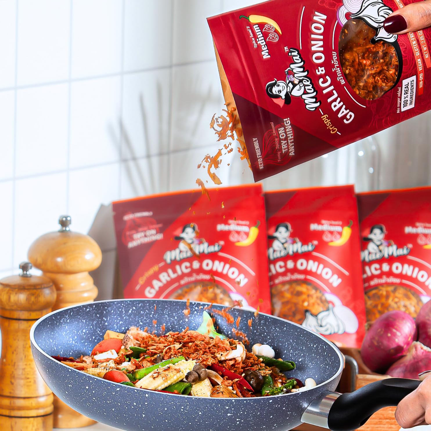 MaeMai Medium Spice Dry Chili Crunch Blend - Feel-Good Asian Seasoning for Self-Care Sundays, Clean-Ingredient Snack & Dinner Topping