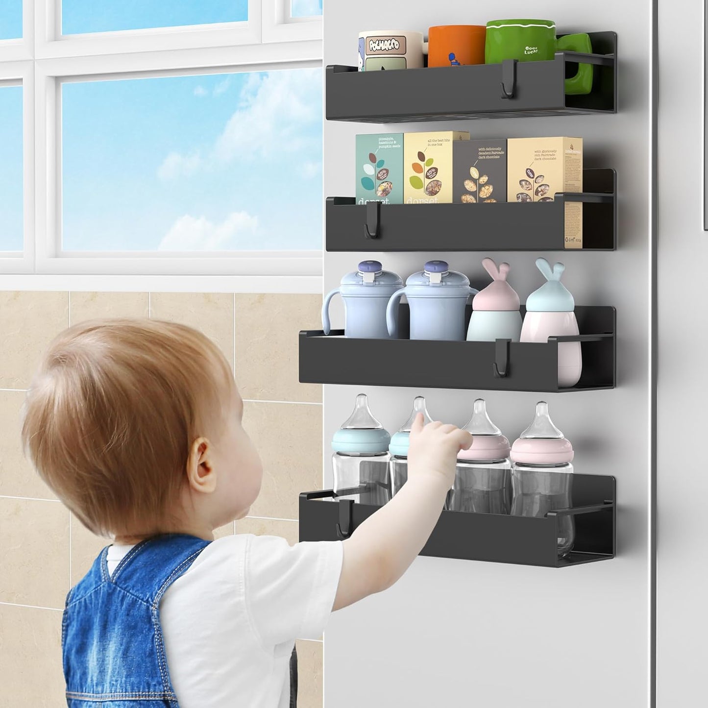 MagnetBrand Magnetic Refrigerator Organizer – Intentional Kitchen Storage, No-Drill 4-Pack Spice Rack in Light Gray