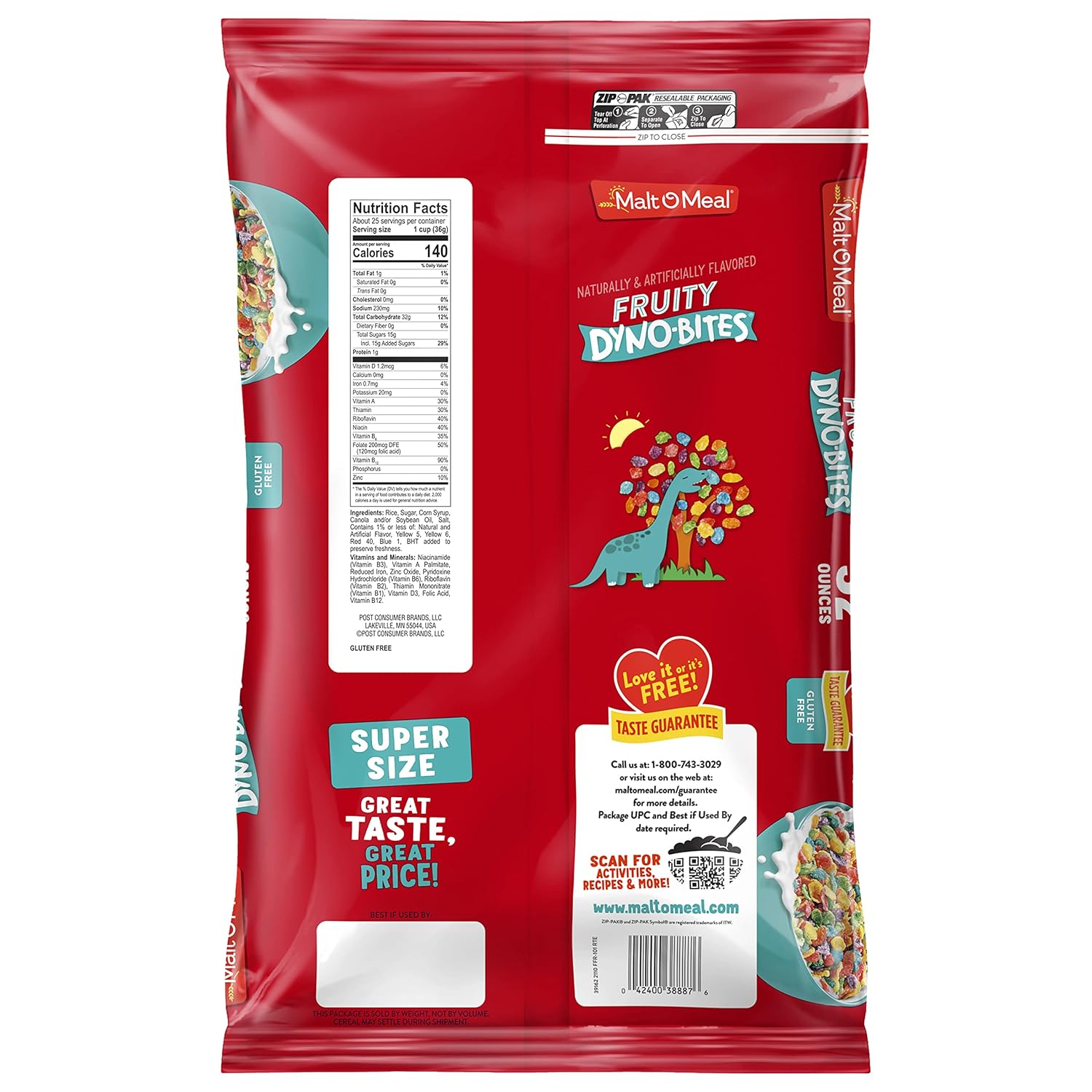 Malt-O-Meal Fruity Dyno Bites Cereal, Gluten Free Whole Pantry Friendly Cereal for Restrictive Diets, 25 OZ Resealable Bag