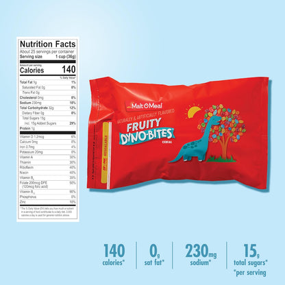 Malt-O-Meal Fruity Dyno Bites Cereal, Gluten Free Whole Pantry Friendly Cereal for Restrictive Diets, 25 OZ Resealable Bag