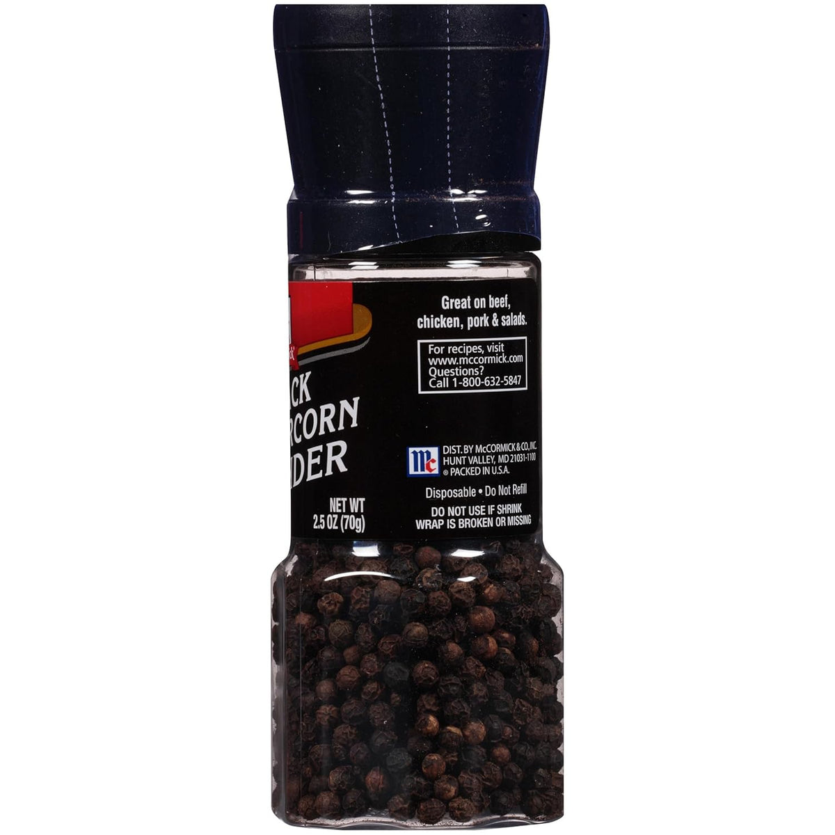 McCormick Black Peppercorn Grinder – No Refill Hassle for Daily Meal Routines, Built-In Grinder Top