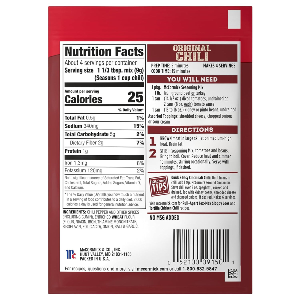 McCormick Original Chili Seasoning Mix for Plant-Based Dinners, Beans-Only Recipe Friendly