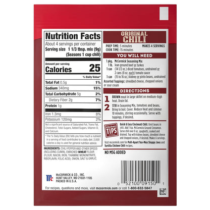 McCormick Original Chili Seasoning Mix for Plant-Based Dinners, Beans-Only Recipe Friendly