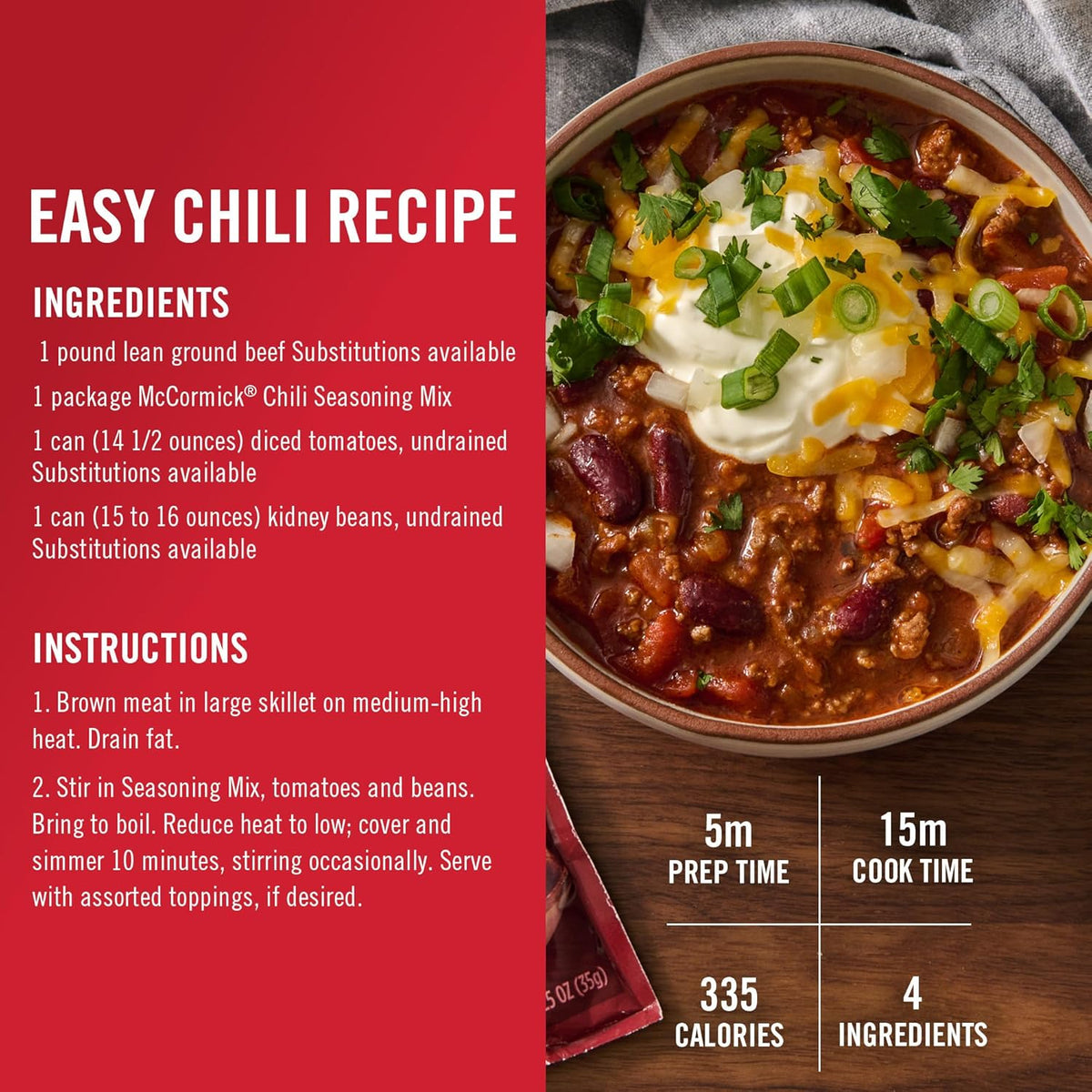 McCormick Original Chili Seasoning Mix for Plant-Based Dinners, Beans-Only Recipe Friendly