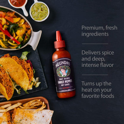 Melinda's Ghost Pepper Hot Sauce - Outdoor Dining Heat Booster, Ghost Pepper Drizzle for Grilled Meats and Veggies, 10oz