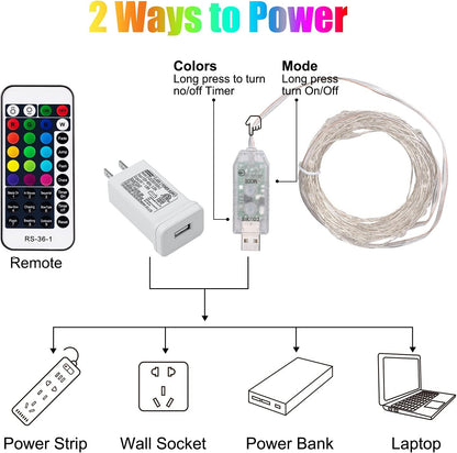 Minetom Outdoor Fairy Lights - 33 ft 100 LED IP67 Waterproof for Balcony Patio and Tent, Flexible Silver Wire, 16 Color Changing Remote with Timer, Adapter Included