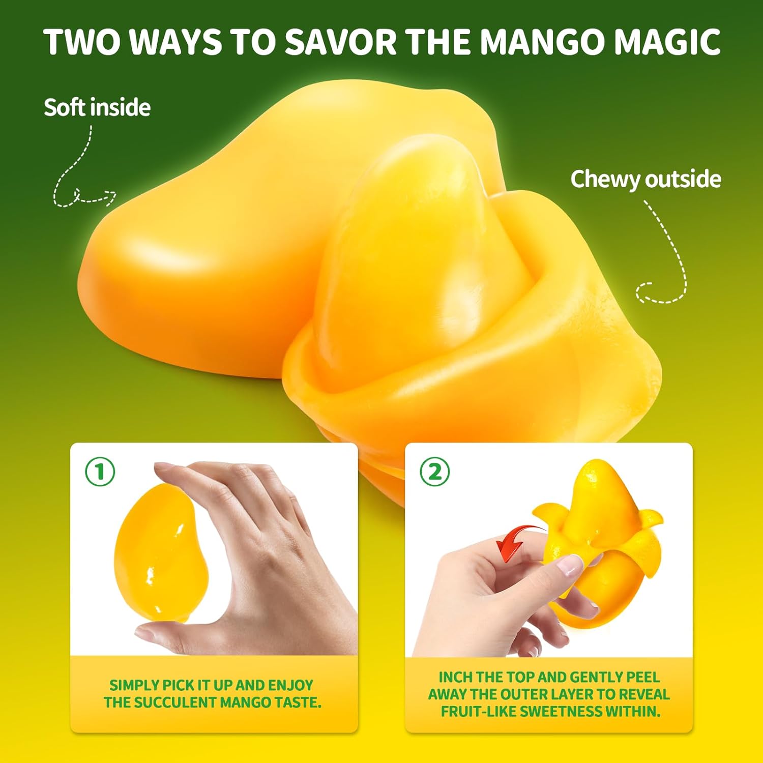 mini fruit-shaped pieces with a soft, chewy, glutinous texture