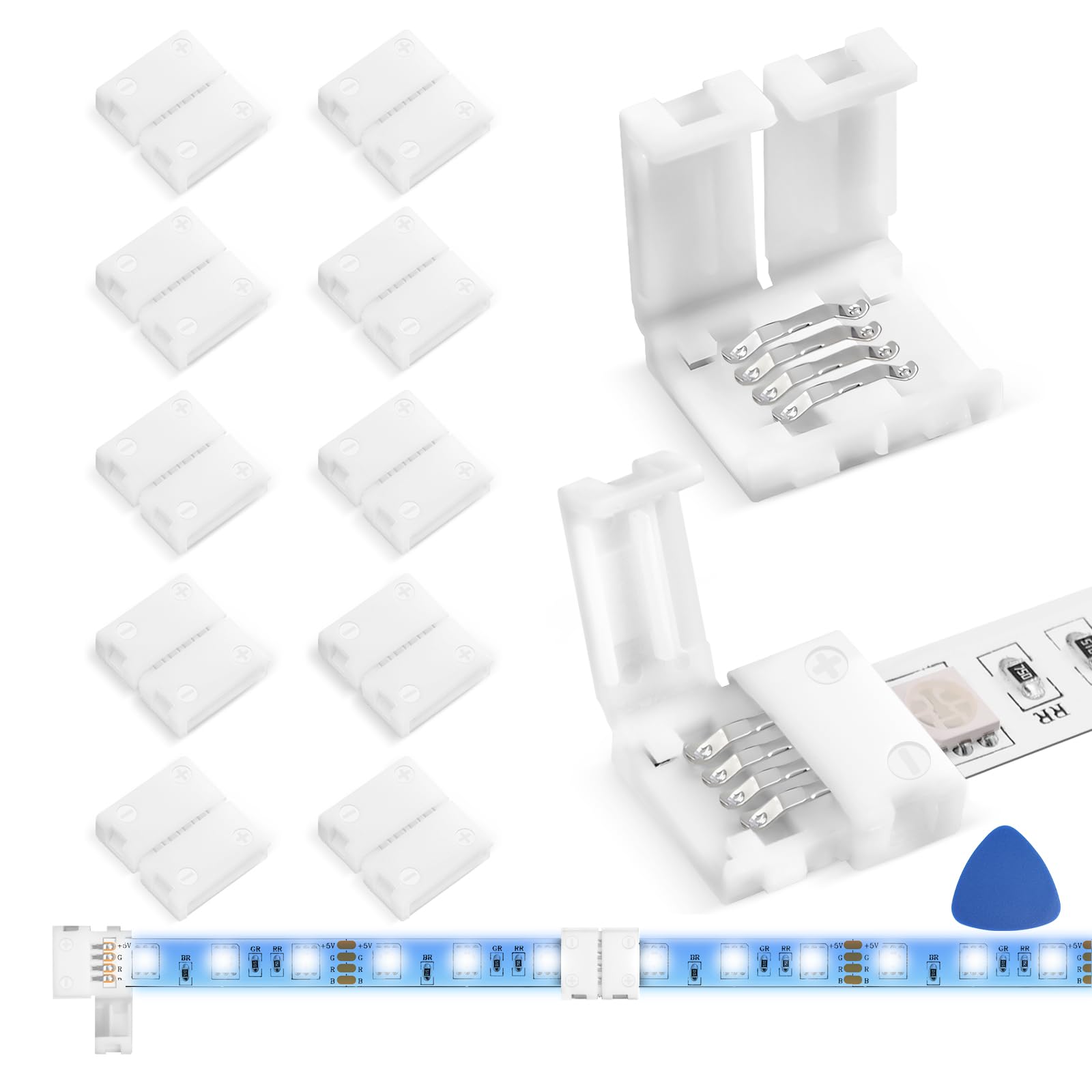 MISSOURI 4-Pin L-Shaped LED Strip Connectors 10-Pack – Seamless Solderless Joints for Under-Cabinet Kitchen and Shelving RGB Lighting, 10mm Width
