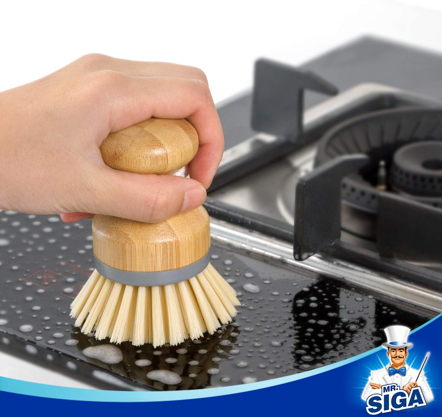 MR.SIGA Bamboo Palm Brush – Ergonomic Palm Grip for Joint-Friendly Dishwashing