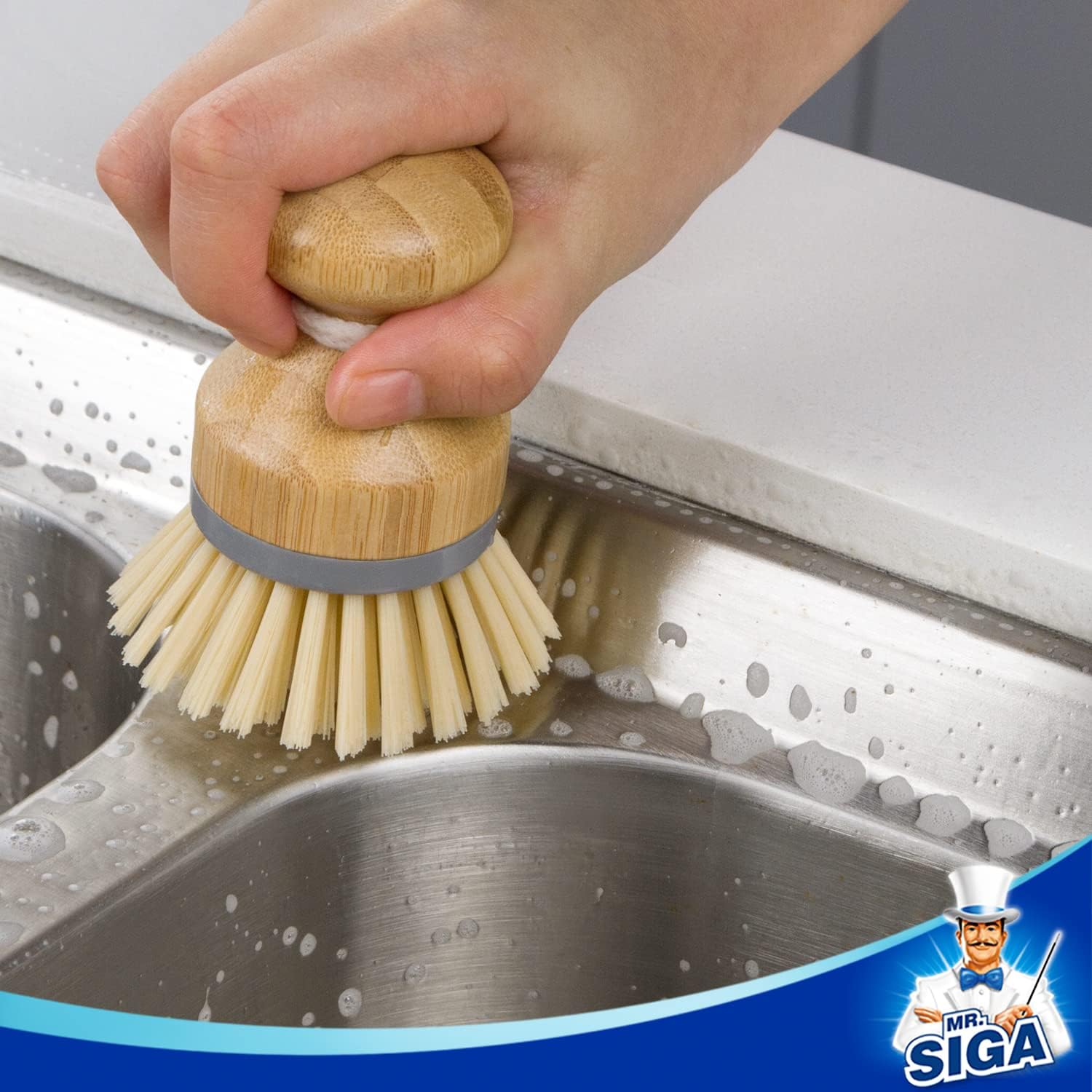 MR.SIGA Bamboo Palm Brush – Ergonomic Palm Grip for Joint-Friendly Dishwashing