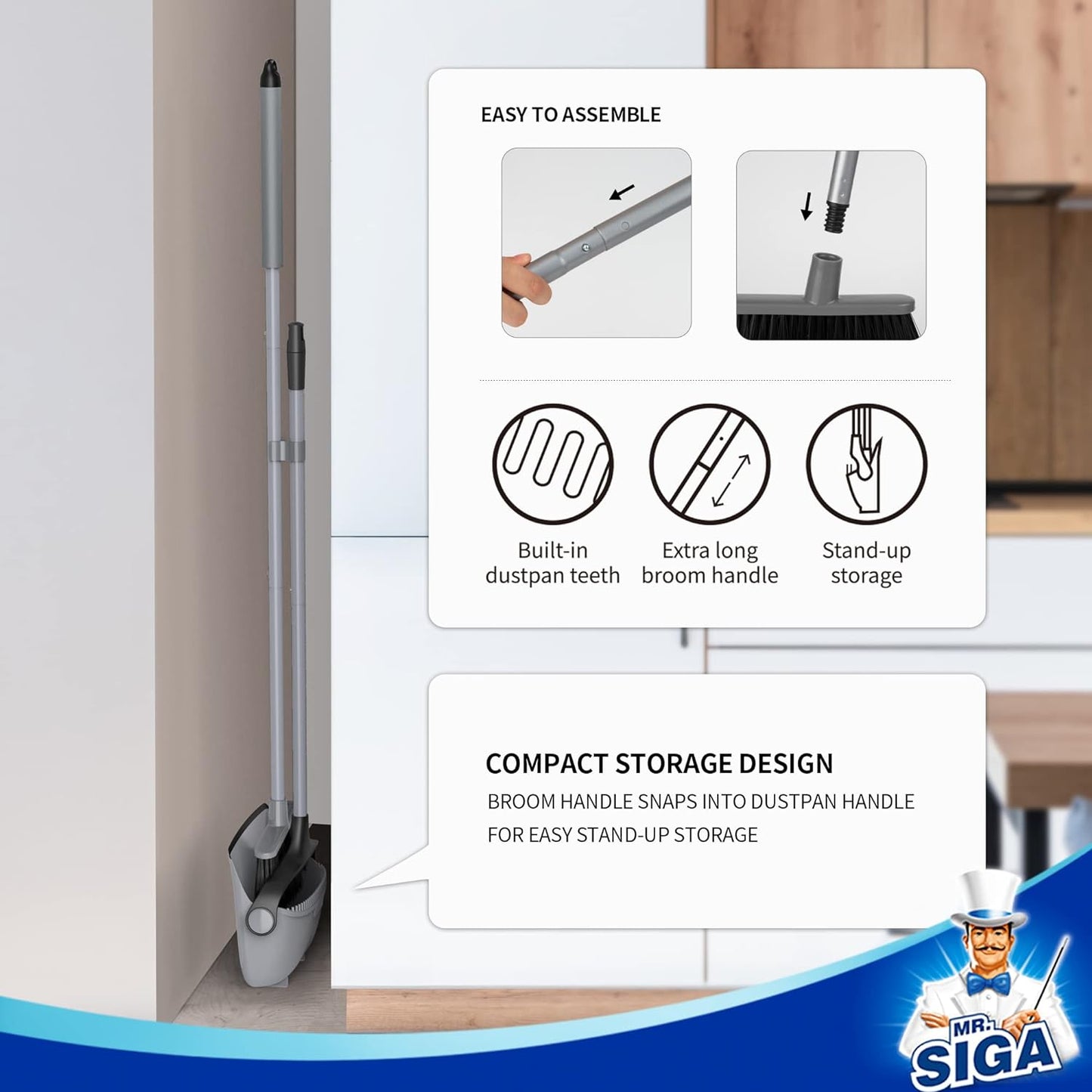 MR.SIGA Broom and Dustpan Set with Adjustable Long Handle, Upright Sweeping Tool for Pet Hair and Daily Crumbs, Gray