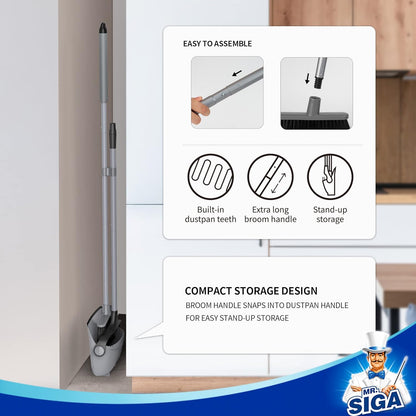 MR.SIGA Broom and Dustpan Set with Adjustable Long Handle, Upright Sweeping Tool for Pet Hair and Daily Crumbs, Gray