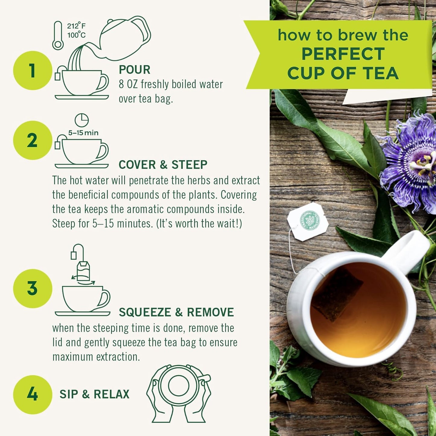 naturally occurring ~9 mg caffeine per bag from green tea leaf (low-caffeine alternative to coffee)