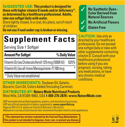 Nature Made Vitamin D3 K2 5000 IU – Quality Verified Softgel for Safe Long-Term Use