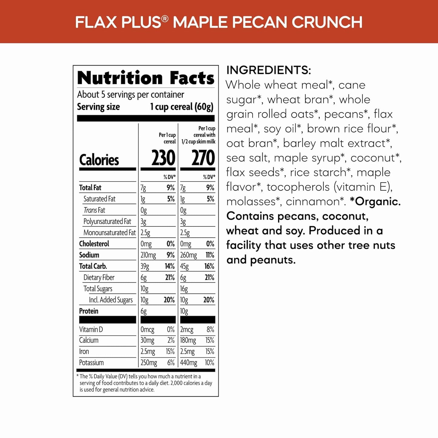 Nature's Path Organic Flax Plus Maple Pecan Crunch Cereal – Sweetened with Real Maple Syrup Snack for Picky Eaters