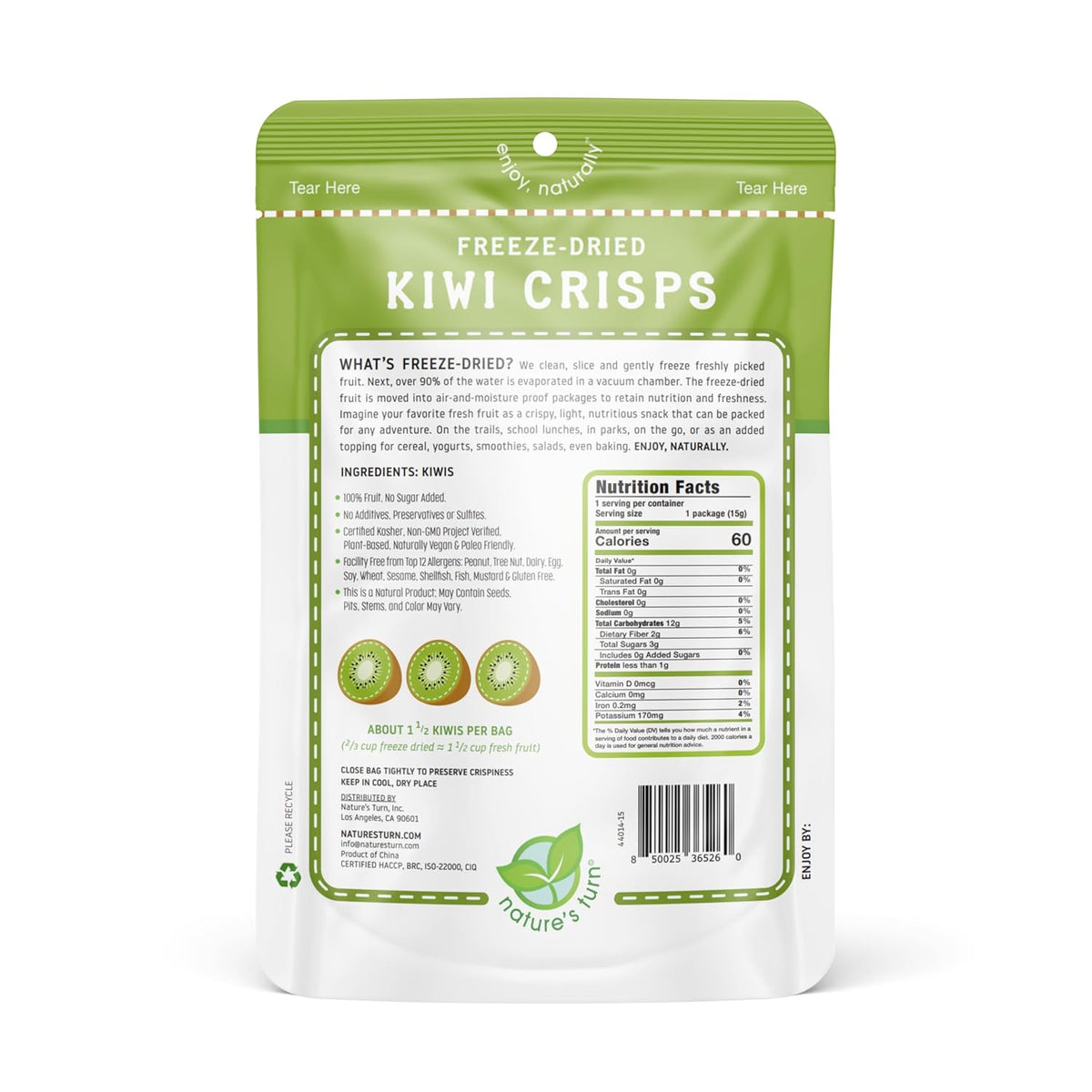 Nature's Turn Freeze-Dried Sour Kiwi Crisps – Lunchbox Snack for Kids, Single-Ingredient Fruit Pack of 6