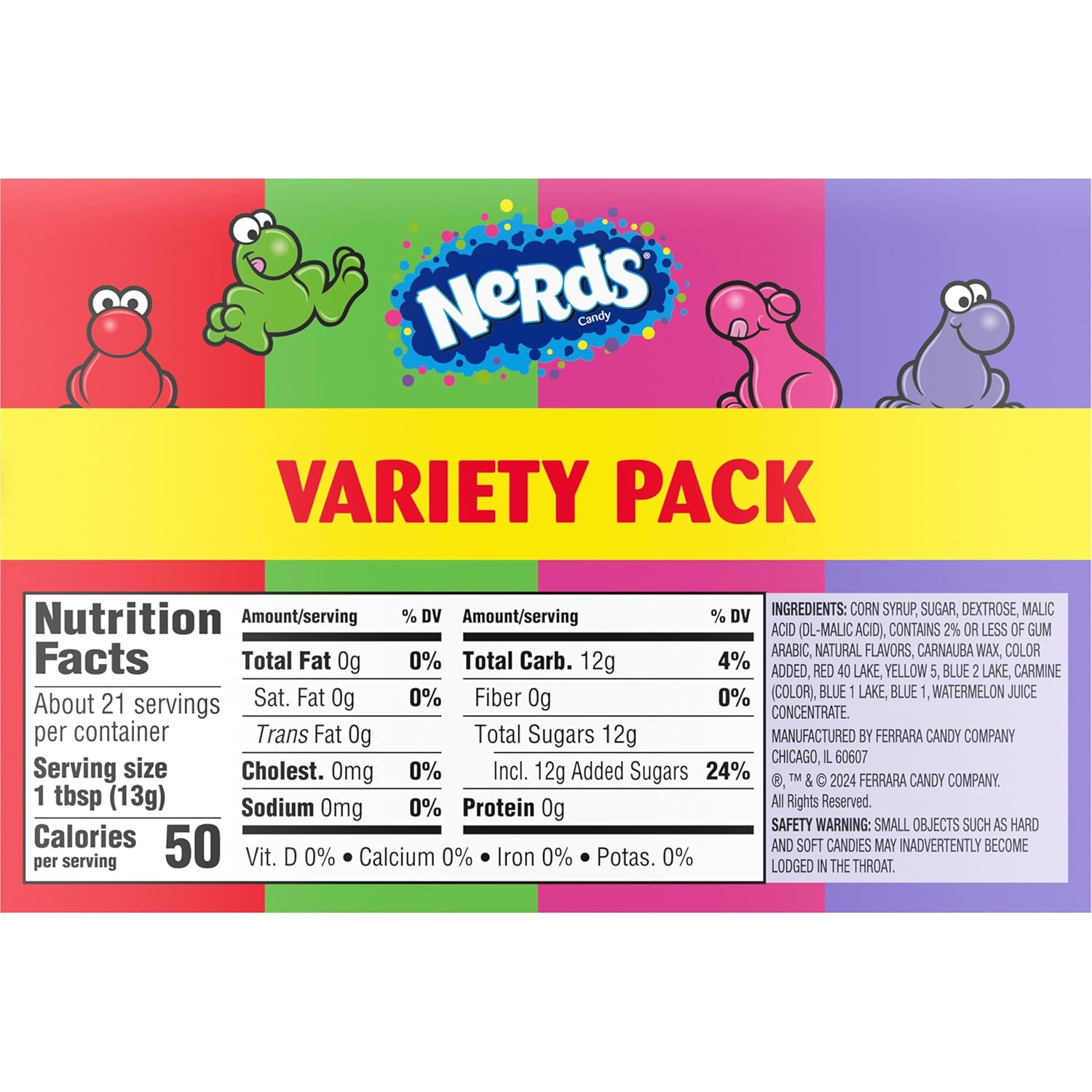 NERDS Crunchy Candy Variety – Stocking Stuffer and Holiday Gift Idea, Dual Chamber Boxes Grape Strawberry Watermelon Cherry, Pack of 6