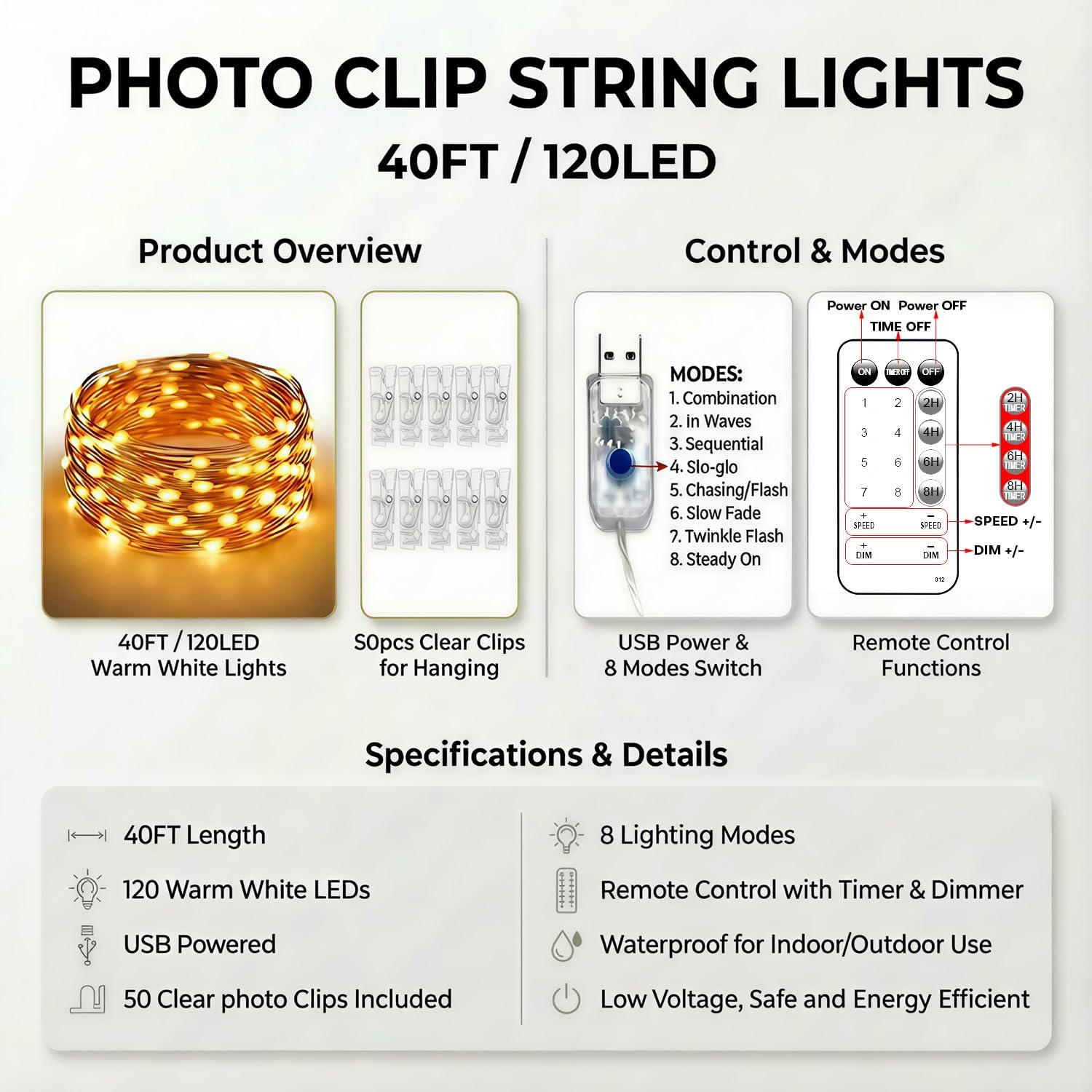 Nursery and Kids Bedroom Photo Clip Lights 40FT - Warm White 3000K LED String Lights, Cool to Touch USB Powered with Auto Timer