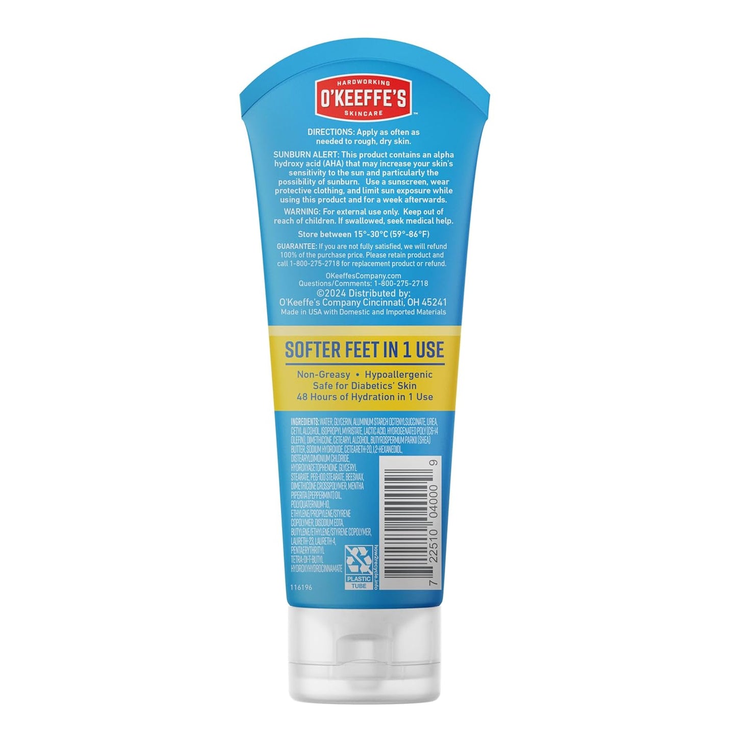 O'Keeffe's for Healthy Feet Intense Renewal Cream – Spa-Style Post-Shower Moisturizer for Callused Feet, Unscented 48-Hour Hydration, 3 oz Tube