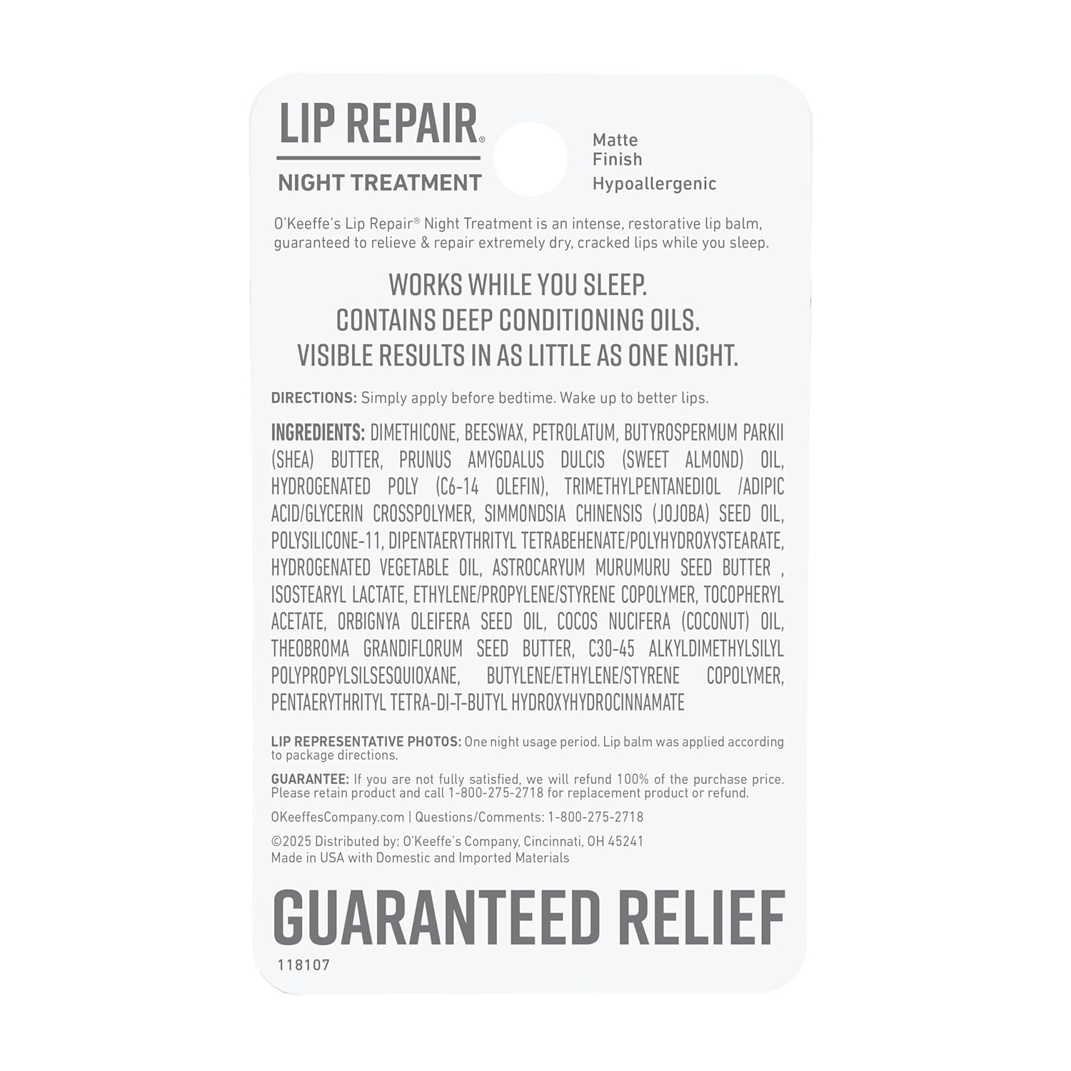 O'Keeffe's Lip Repair Night Treatment – Hypoallergenic Diabetic-Safe Lip Balm for Sensitive Skin