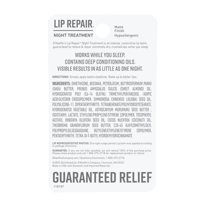 O'Keeffe's Lip Repair Night Treatment – Hypoallergenic Diabetic-Safe Lip Balm for Sensitive Skin