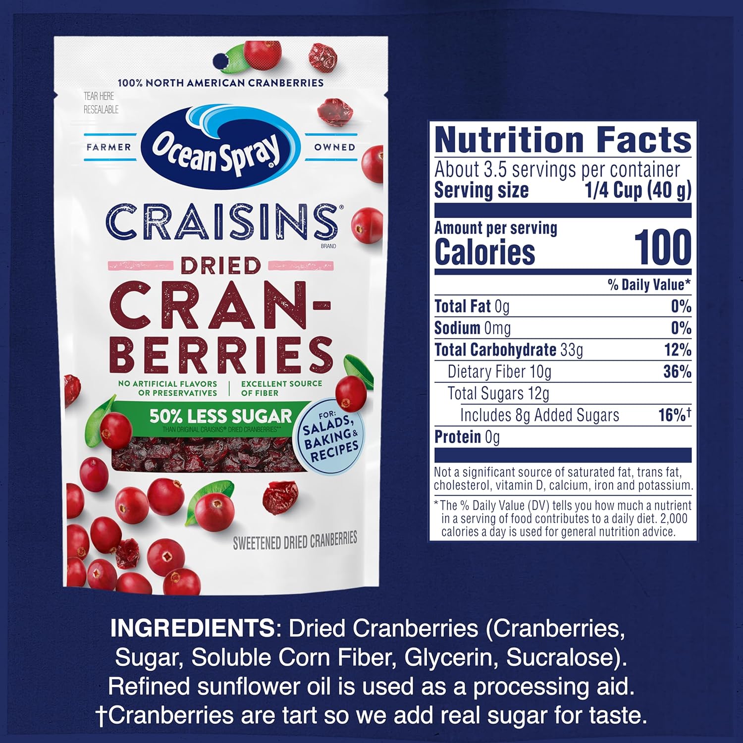 Ocean Spray Craisins 50% Less Sugar Dried Cranberries – Safe School Lunch Addition with No Artificial Flavors, 5 oz Pouches, 12 Pack