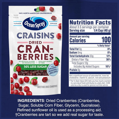 Ocean Spray Craisins 50% Less Sugar Dried Cranberries – Safe School Lunch Addition with No Artificial Flavors, 5 oz Pouches, 12 Pack