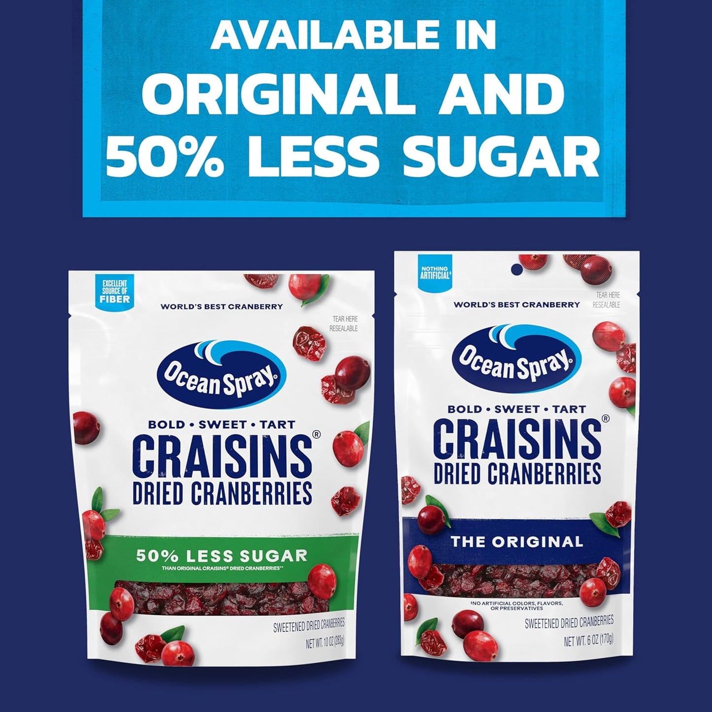 Ocean Spray Craisins 50% Less Sugar Dried Cranberries — Soft Chewy Berry Snack for Children Lunch Bags and Weekend Outings