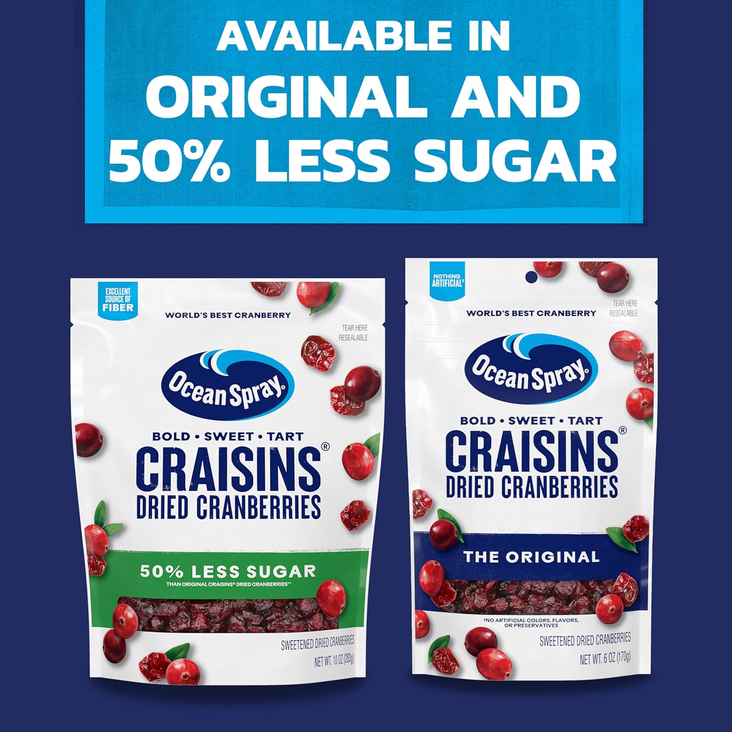 Ocean Spray Craisins 50% Less Sugar Dried Cranberries — Soft Chewy Berry Snack for Children Lunch Bags and Weekend Outings